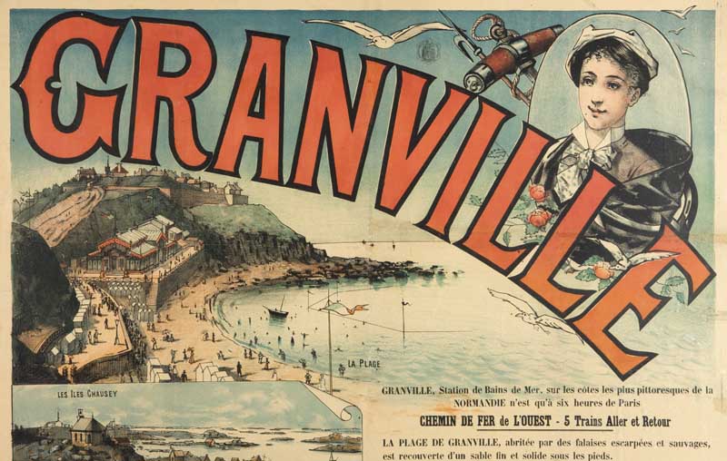 Granville. Vue de la ville haute et du casino depuis le nord-est. Détail [2e casino].- Affiche touristique, n.s., Floucaud impr., Paris, limite 19e-20e siècles, reproduction photomécanique, en couleur, [dimensions non prises]. (Médiathèque Charles de la Morandière, service du patrimoine, Granville).