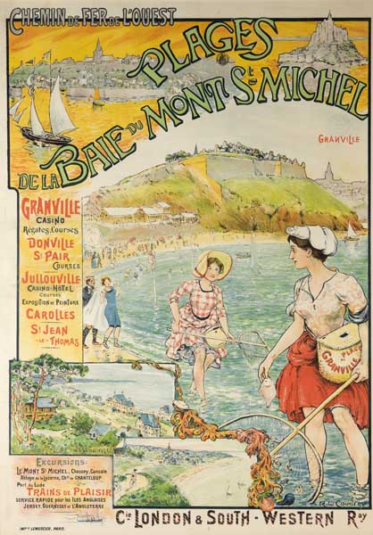 'Chemin de fer de l''Ouest. Plages dela Baie du Mont-Saint-Michel. Vue de la ville haute et du casino depuis le nord-est [2e casino].- Affiche publicitaire, R. du Coudrey, Lemercier impr., Paris, n.d., début du 20e siècle, reproduction photomécanique, en couleur, [dimensions non prises]. (Médiathèque Charles de la Morandière, service du patrimoine, Granville).'