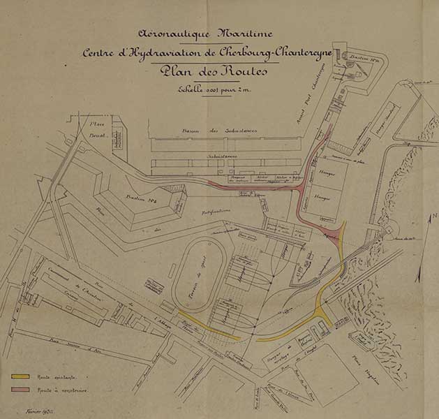 Aéronautique Maritime. Centre d'Hydraviation de Cherbourg-Chanteryene. Plan des routes. Février 1932.- Dessin à l'encre et aquarelle sur papier, 41 x 42 cm. (Ministère de la Défense, service historique de la Marine, Cherbourg-Octeville. 3K 542).