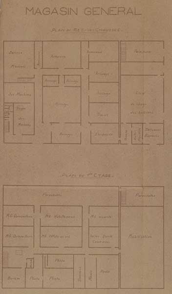 MAGASIN GENERAL. Plan du rez-de-chaussée. Plan du 1er étage.- Dessin à l'encre sur papier, 44 x 27 cm. (Ministère de la Défense, service historique de la Marine, Cherbourg-Octeville. 3K 542).