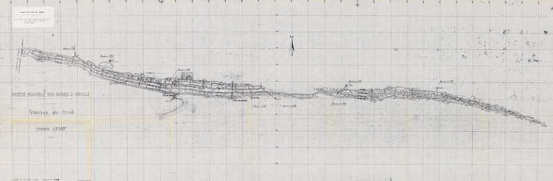 Société nouvelle des Mines d'Urville, Travaux du fond, avec les accès Urville-Gouvix, flanc nord.- Plan, échelle 1/2 500, mise à jour en janvier 1965. (Archives privées Société des Mines de Soumont).