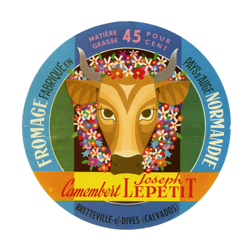 Fromage fabriqué en Pays d'Auge Normandie Camembert Joseph Lepetit - Bretteville-sur-Dives - Calvados".- Etiquette de fromage (Musée de Normandie, Caen).