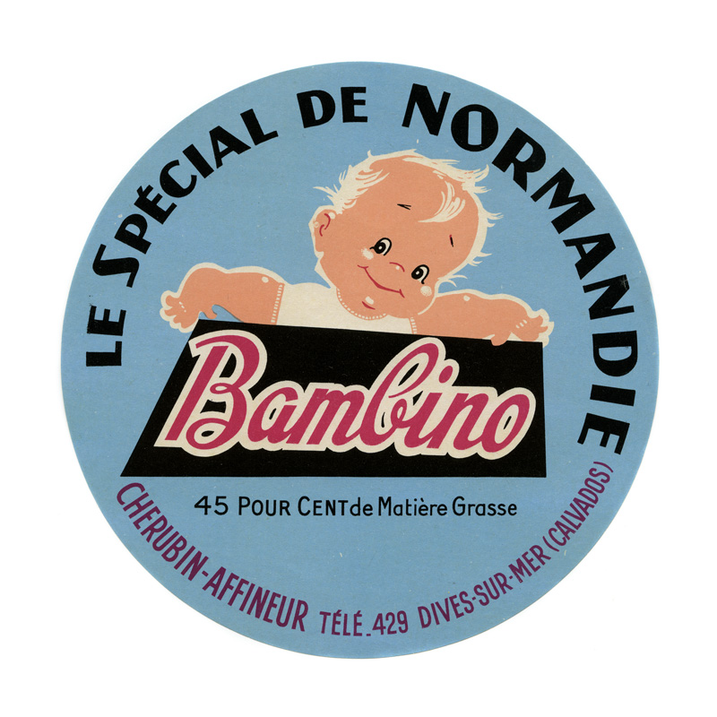 Dives-sur-Mer. Fromagerie. "Le spécial de Normandie Bambino - Chérubin-affineur Télé. 429 Dives-sur-Mer (Calvados)".- Etiquette de fromage. (Musée de Normandie, Caen).