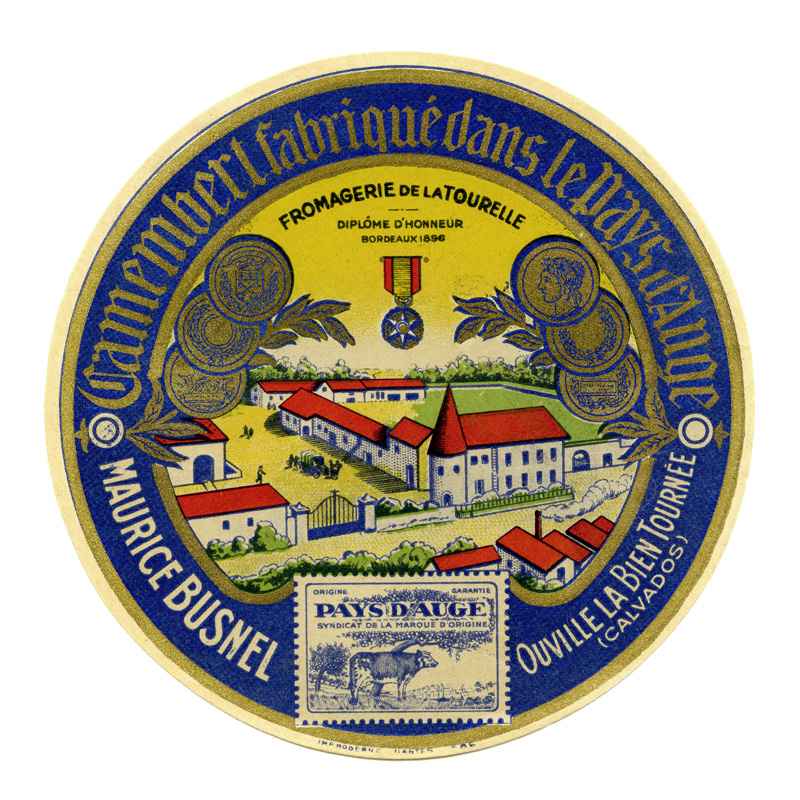 Ouville-la-Bien-Tournée. Fromagerie Busnel. "Camembert fabriqué dans le pays d'Auge - Maurice Busnel Ouville la Bien Tournée (Calvados) - Fromagerie de la Tourelle".- Etiquette de fromage. (Musée de Normandie, Caen).