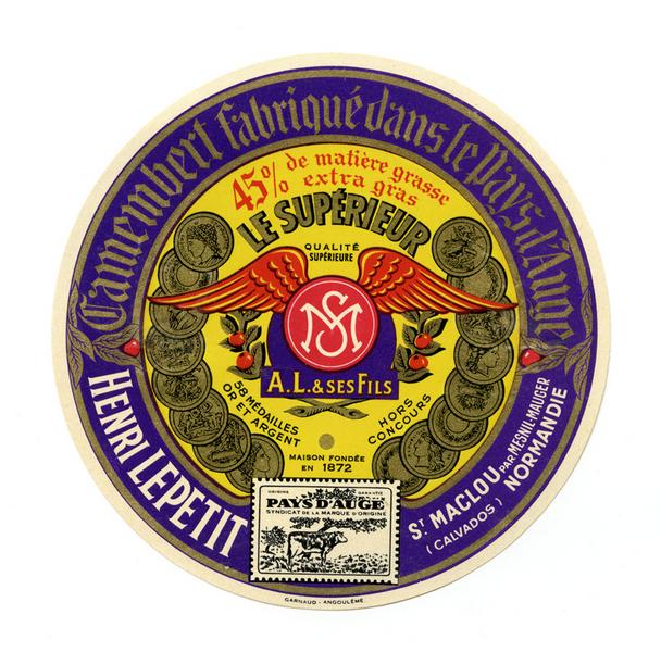 Etiquette de fromage : 'Camembert fabriqué dans le Pays d'Auge - Henri Lepetit - St Maclou par Mesnil-Mauger (Calvados) Normandie - Le supérieur - A. L. et ses fils - Maison fondée en 1872'.