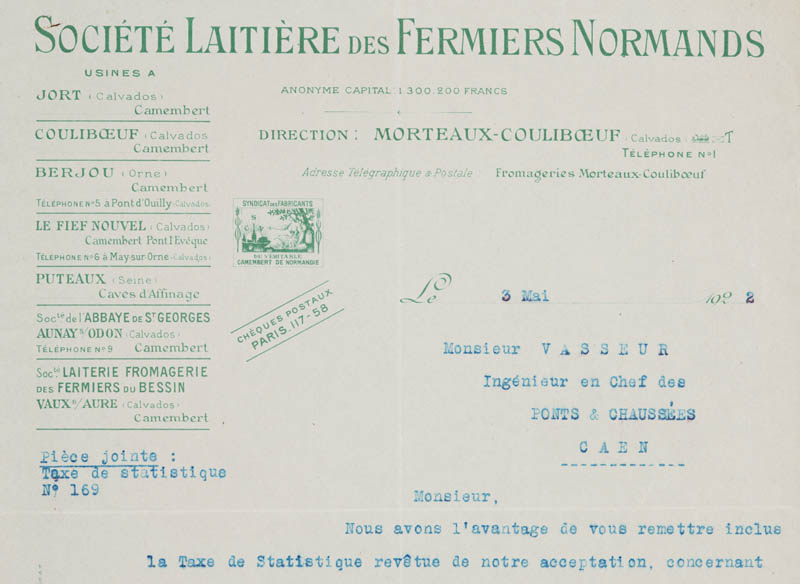 Détail du papier à en-tête de la Société Laitière des Fermiers Normands.- Papier à en-tête, 3 mai 1922. (AD Calvados. S 12977).