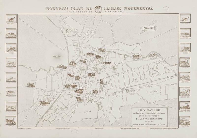 Nouveau plan de Lisieux monumental, industriel et commercial. Indicateur des principaux établissements industriels et des monuments publics de Lisieux et ses environs, dressé par la société des plans monumentaux de France.