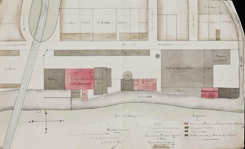 Plan à l'appui de la demande en autorisation de dégraissage, teinture et foulerie de draps rue des deux soeurs à Saint-Jacques de Lisieux.