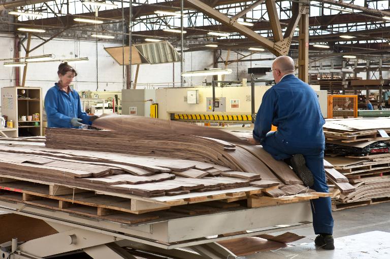 Tri des lamelles de placage.