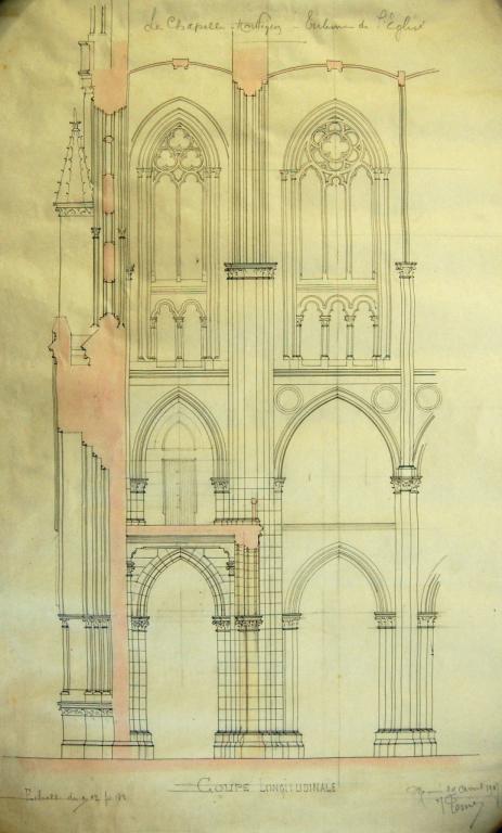 Coupe longitudinale de la tribune dressée par l'architecte Jules Tessier en 1907 (Archives du Sanctuaire de l'Oeuvre Expiatoire, Non référencé).