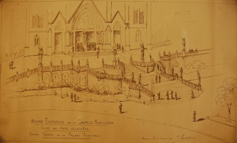 Escalier monumental, projet de l'architecte Jules Tessier.- Croquis, 1910 (Archives du Sanctuaire de l'Oeuvre Expiatoire, Non référencé).