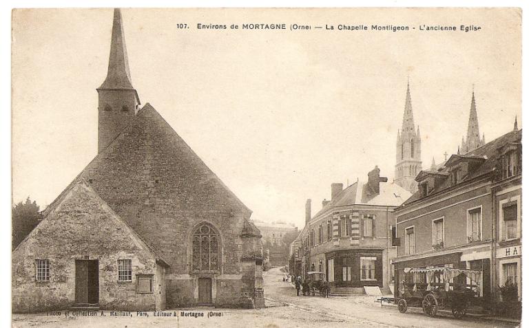 107. Environs de Mortagne (Orne). la Chapelle-Montligeon. L'ancienne Eglise [vue générale depuis l'ouest].- Carte postale, photo et collection A. Maillaut, Père, éditeur à Mortagne (Orne), début 20e siècle.