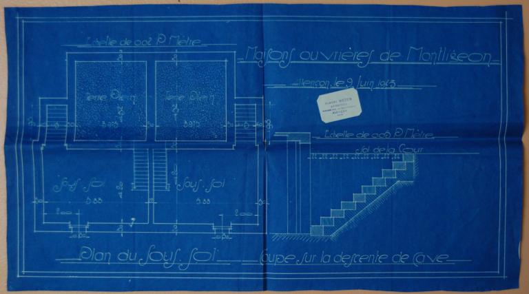 Projet n°4 de construction de maisons d'employés, plan du sous-sol, coupe sur la descente de cave. - Plan dressé par l'architecte Albert Mézen en 1923