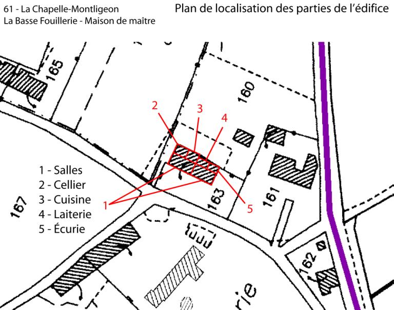 Plan de localisation des parties constituantes de la maison (fonds : plan cadastral de 1987).