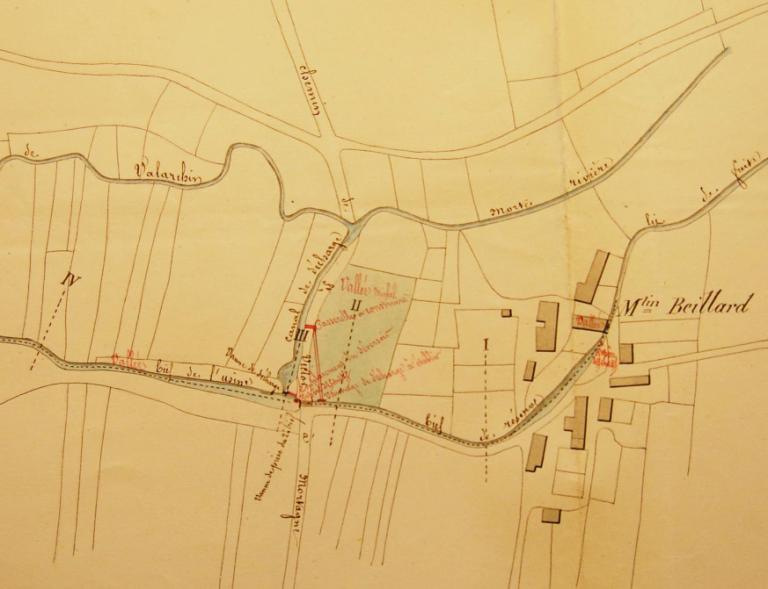 Plan du hameau dressé en 1866 par l'ingénieur ordinaire des Ponts et Chaussées Méron à l'occasion du règlement d'eau de la Villette. (AD Orne. S 1003).