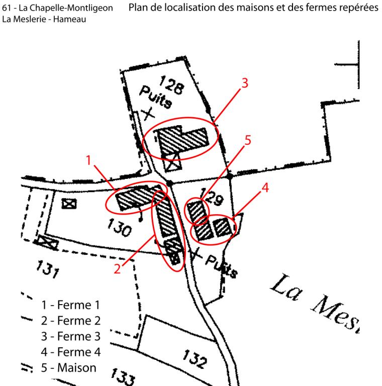 Plan de localisation des maisons et fermes du hameau (fonds : plan cadastral de 1987).
