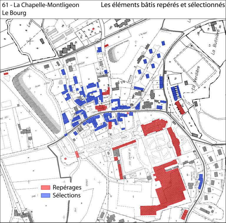 Plan de localisation des éléments bâtis repérés et sélectionnés (fond : plan cadastral de 1987).