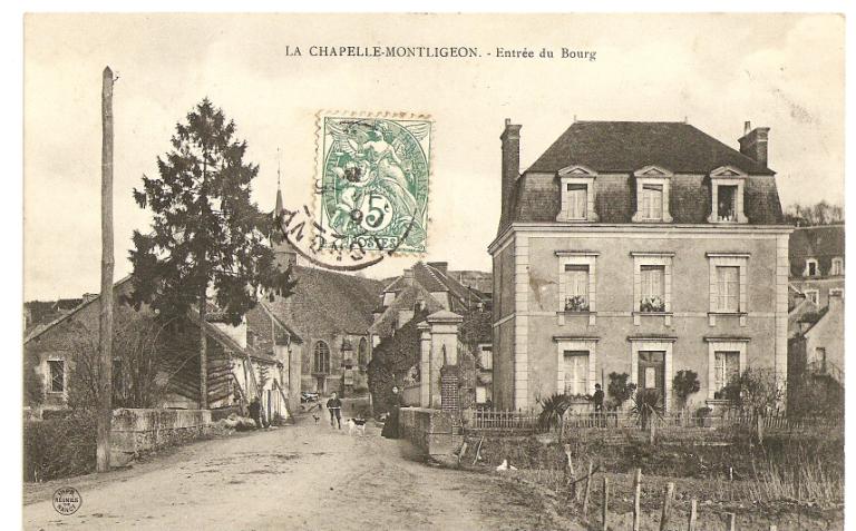 La Chapelle-Montligeon.- Entrée de bourg [vue depuis l'ouest].- Carte postale, 1er quart 20e siècle.
