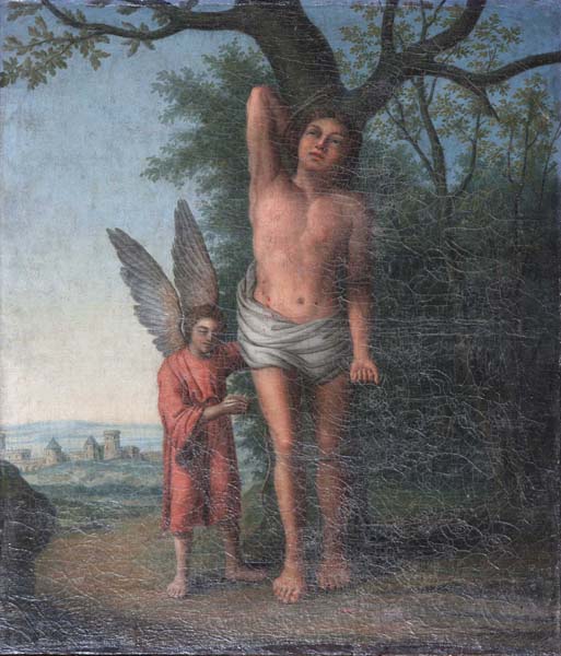 Tableau d'autel : saint Sébastien secouru par un ange