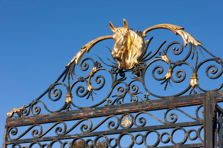 Détail de la tête de cheval ornant la grille d'entrée ouvrant sur la cour d'honneur.