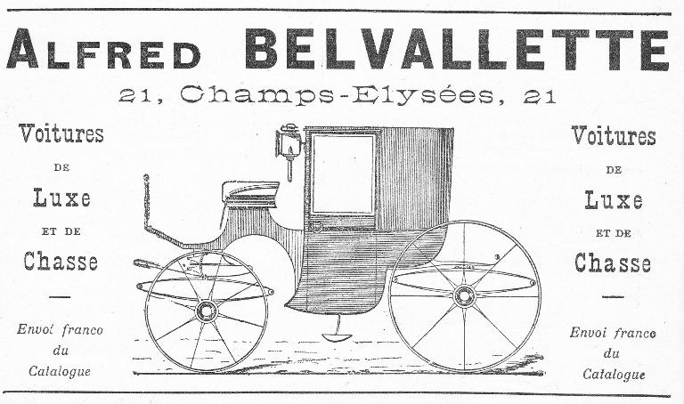 Publicité du carrossier Alfred Belvallette.- Document imprimé, tiré de : "Le guide du carrossier", 1904.
