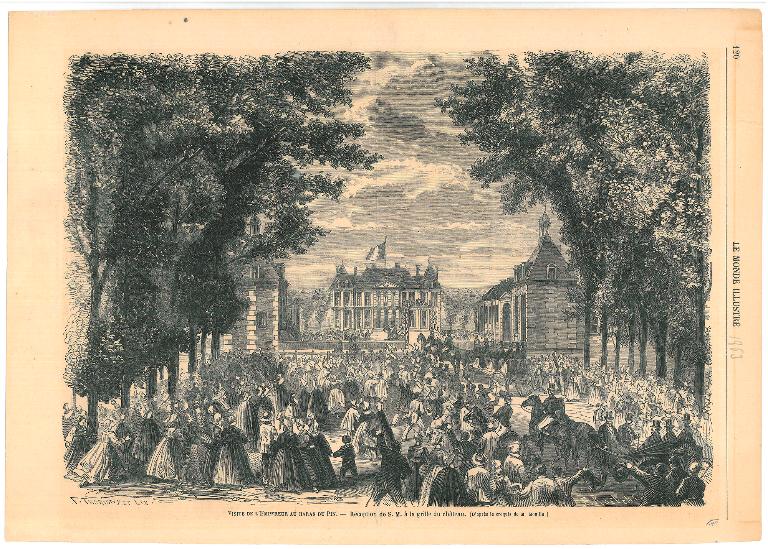 Visite de l'empereur au haras du Pin. - Réception de S. M. à la grille du château (d'après le croquis de M. Moullin) [Char-à-bancs attelé en poste].- Gravure, tiré de : "Le Monde illustré", probablement en 1863 p. 120 (AD Orne).