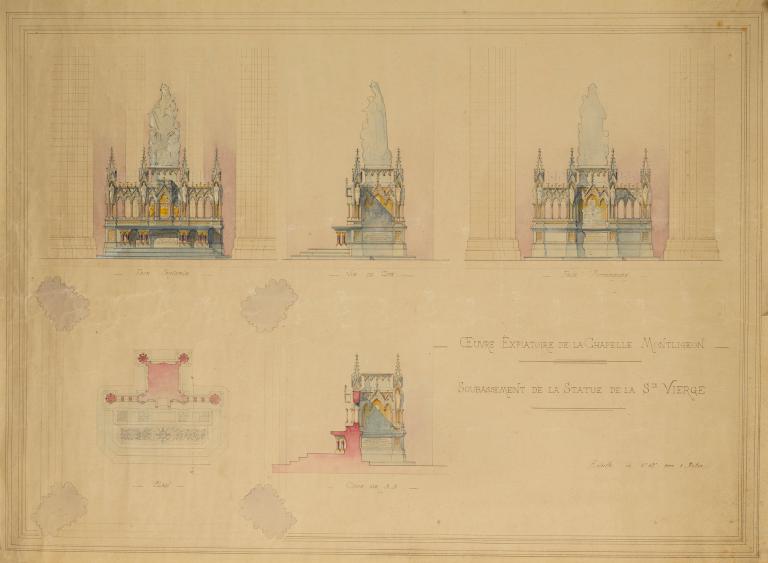 Plan, coupe et élévations du soubassement de la statue de Notre-Dame de Montligeon, dressés par l'architecte Jules Tessier vers 1911 (Archives du Sancuaire de l'Oeuvre Expiatoire, Non référencé).