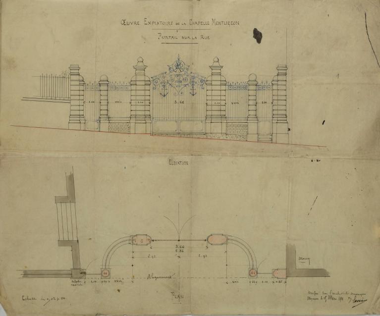 Plan et élévation du portail donnant sur la rue, dressés par l'architecte Jules Tessier en 1911 (Archives du Sanctuaire de l'Oeuvre Expiatoire, Non référencé).