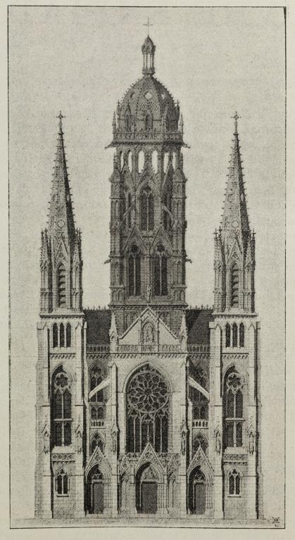 Elévation ouest de l'édifice projeté par l'architecte Alfred Tessier, gravue extraite de l'Almanach de l'Espérance, 1896 (Archives du Sanctuaire de l'Oeuvre Expiatoire, Non référencé).