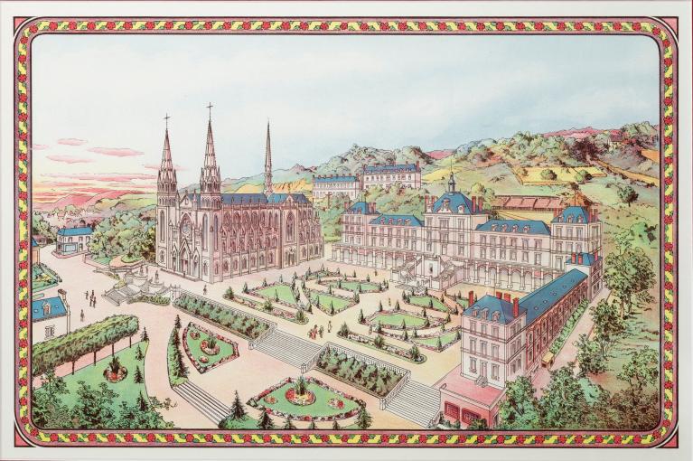 Vue prospective du site, dessin aquarellé, vers 1894 (Archives du Sanctuaire de l'Oeuvre Expiatoire, Non référencé).