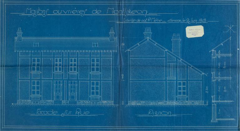 Projet n°4 de construction de maisons d'employés, façade sur rue et pignon. Elévation dressée par l'architecte Albert Mézen en 1923.