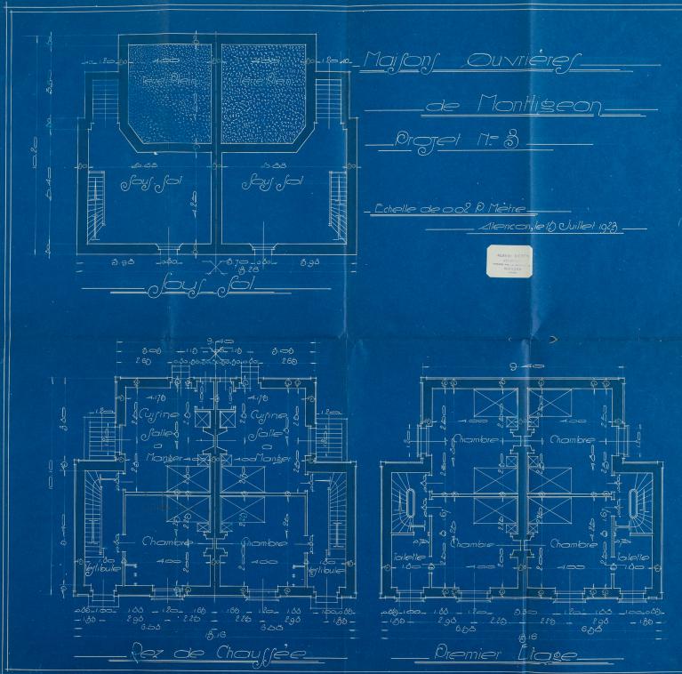 Projet n°3 de construction de maisons d'employés, plans du sous-sol, du rez-de-chaussée et de l'étage. - Plans dressés par l'architecte Albert Mézen en 1923.