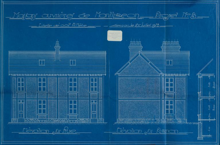 Projet n°3 de construction de maisons d'employés, élévations sur rue et sur pignon. - élévations dressées par l'architecte Albert Mézen en 1923. {