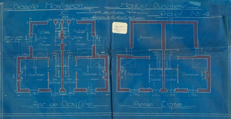 Projet n°4 de construction de maisons d'employés, plans du rez-de-chaussée et de l'étage. Plan dressé par l'architecte Albert Mézen en 1923.