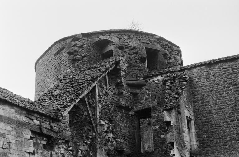 Enceinte : tour d'angle avec tourelle. Détail : le sommet de la tour (photo prise en 1969).