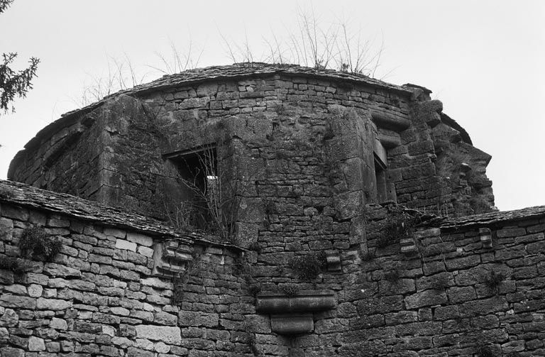 Enceinte : tour d'angle dominant le logis des Hôtes (photo prise en 1969).