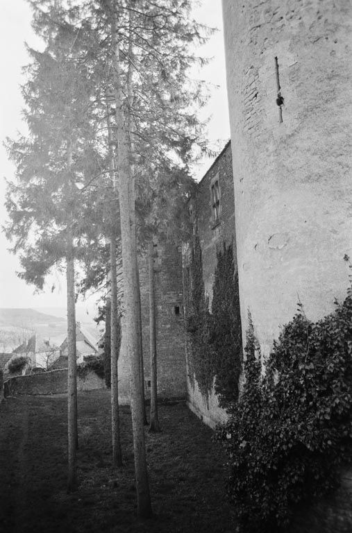 Enceinte : tour d'angle, façade du logis des Hôtes. Tour d'entrée. Vue de l'extérieur (photo prise en 1969).