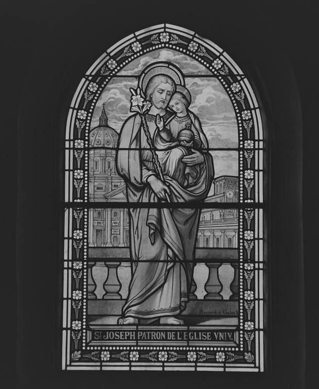 Ensemble de 3 verrières figurées : Apparition du Sacré-Coeur, apparition de la Vierge à Lourdes, saint Joseph et l'Enfant Jésus