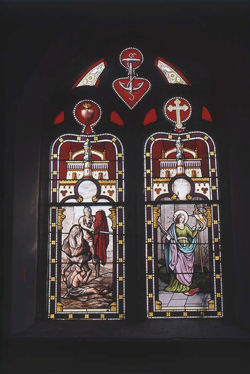 Ensemble de trois verrières figurées : Charité de saint Martin, sainte Marguerite d'Antioche, ange, Notre-Dame de Lourdes (baies 0, 1 et 6)