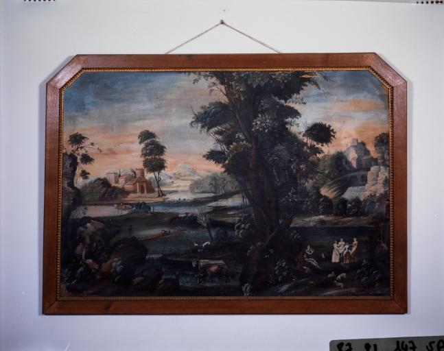 2 tableaux : paysage avec scènes champêtres