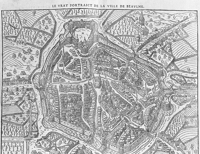 Le vray portraict de la ville de Beaulne. 1581 ; "Le vray portraict de la ville de Beaulne", extrait de "De l'origine des Bourgongnons et Antiquités des Estats de Bourgogne" par Pierre de Saint-Julien, publié à Paris chez Nicolas Chesneau en 1581. Ce plan a été publié pour la première fois en 1575 par François de Belleforest dans La cosmographie universelle de tout le monde [...] auteur en partie Munster, mais beaucoup plus augmentée, ornée et enrichie [...]. C'est le plus ancien plan connu de Beaune, qui sera repris sous une forme abâtardie jusqu'au milieu du 18e siècle. ; Le vray portraict de la ville de Beaulne. 1581.