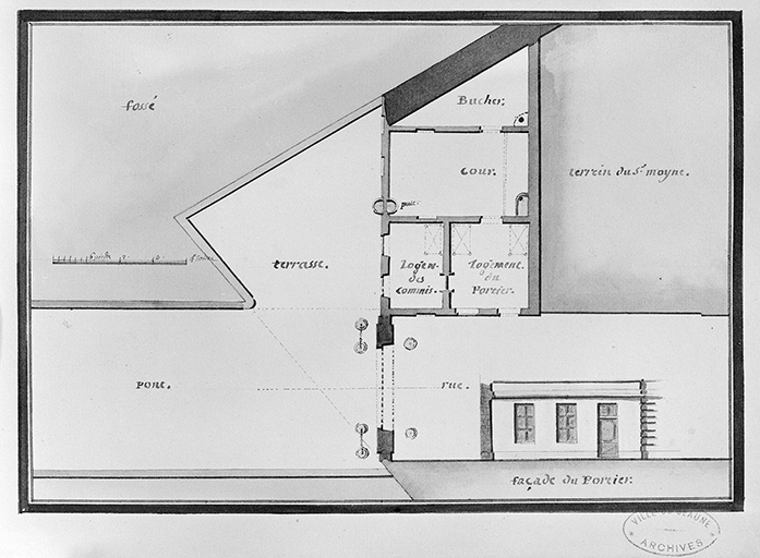 Plan et élévation de la maison du portier par D. Quinard, projet du 18 avril 1782. ; Percement du bastion Bretonnière : aménagement du logement du portier, plan dressé par Quinard en 1782.