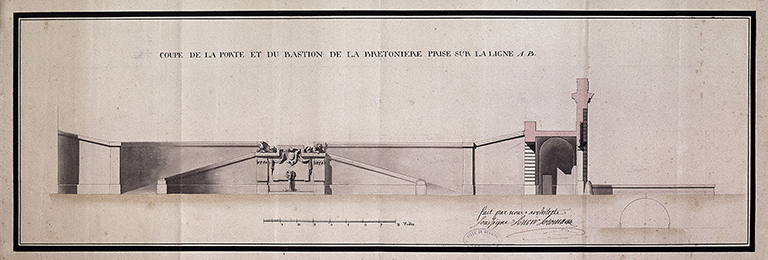 Projet non réalisé de N. Lenoir Le Romain : coupe de la porte. 1764.