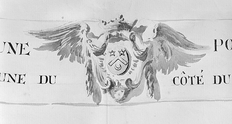 Projet non réalisé de N. Lenoir Le Romain : plan et élévation côté faubourg, détail du cartouche armorié.