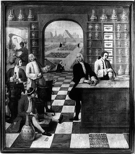 Tableau : L'apothicaire beaunois Claude Morelot dans une officine imaginaire (numéro d'inventaire : 87 GHD 0717)