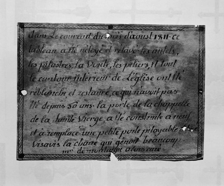 Texte trouvé derrière le tableau du retable du maître-autel