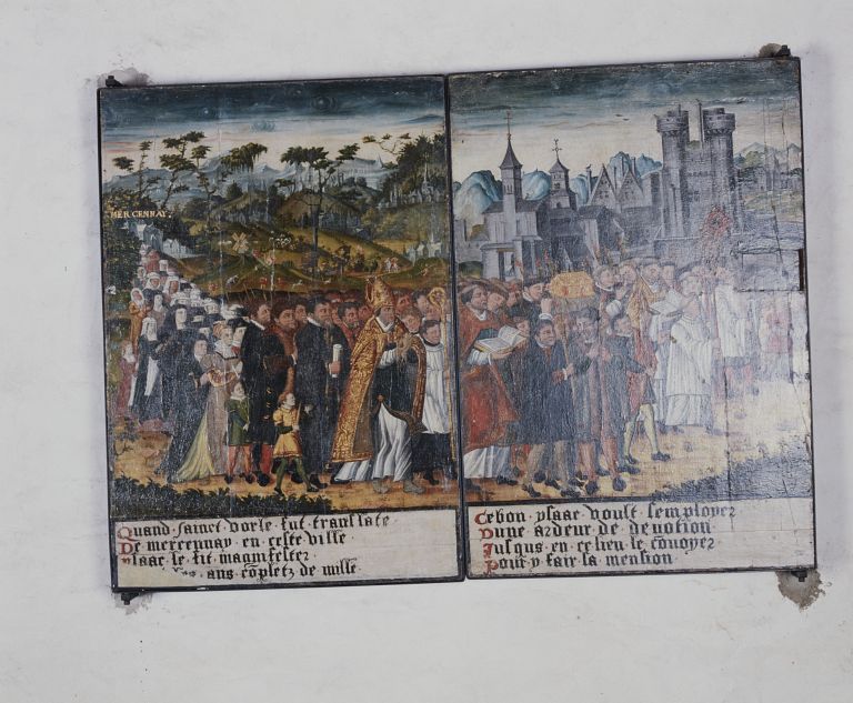 Ensemble de 2 tableaux : translation des reliques de saint Vorles de Marcenay à l'église Saint-Vorles de Châtillon-sur-Seine.