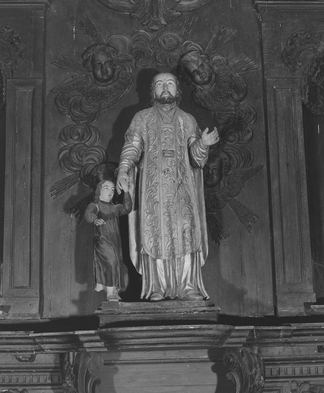 Statue-reliquaire, groupe sculpté : saint Vorles et l'enfant miraculé de plaines.