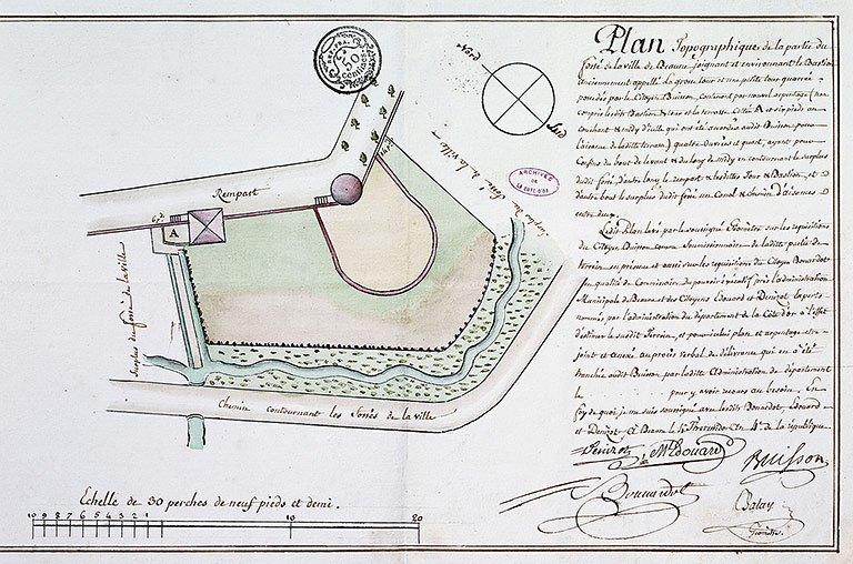 Plan topographique de la partie du fossé de la ville joignant et environnant le bastion anciennement appelé la grosse tour [...] levé le 4 thermidor an IV par Balay, géomètre. ; "Plan topographique de la partie du fossé de la ville joignant et environant le bastion anciennement appelé la grosse tour [...]" levé le 4 thermidor an IV par Balay, géomètre.