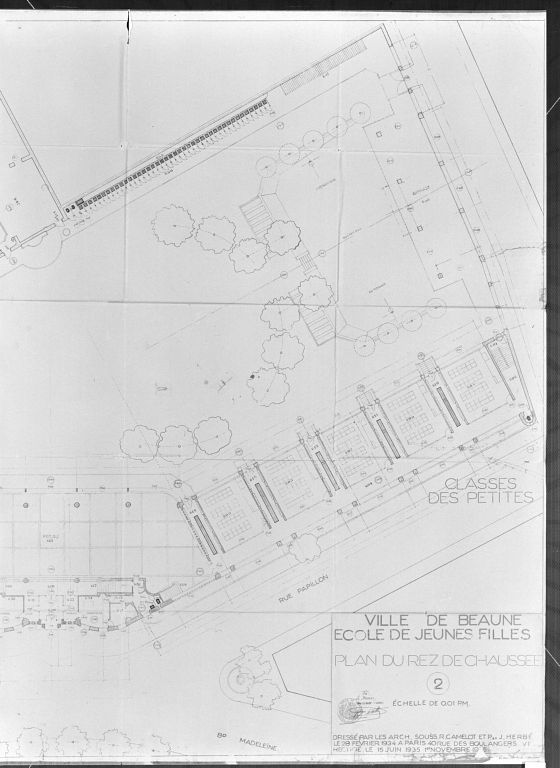 Plan du rez-de-chaussée, 1/100, R. Camelot, J. et P. Herbé architectes, Paris, 1er novembre 1935 (Beaune, A. C., M IV § 3 article 2)